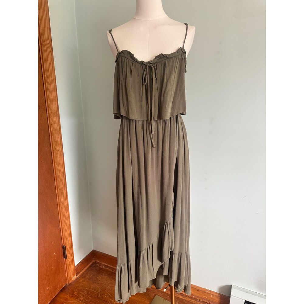 Lulus Sincerely Yours Womens Olive Green Midi Smocked Asymmetric Dress Large